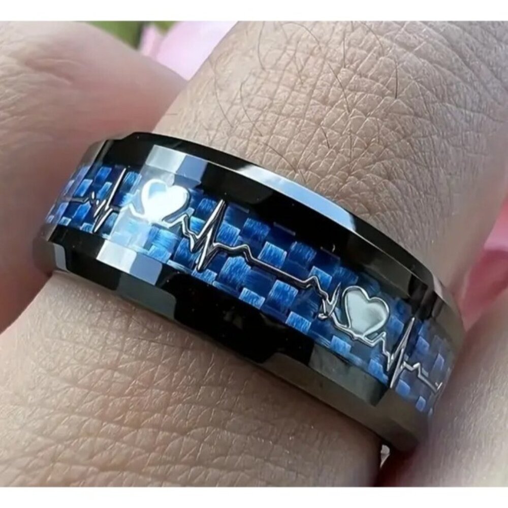 Tungsten Steel Carbide & Blue Carbon Inlay Heartbeat EKG Design statement Ring